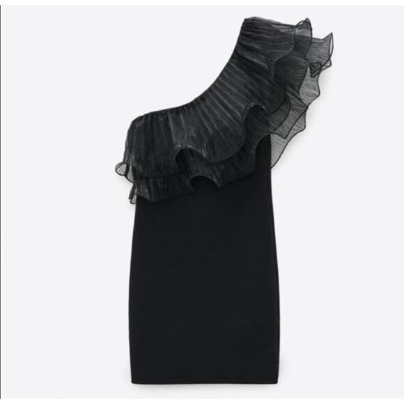Zara Dress Small Black One Shoulder Organza Ruffle Whimsigoth Cocktail Party NEW - Picture 6 of 13